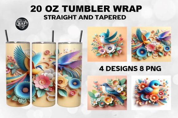 3D Bird Flowers Tumbler Wrap Graphics