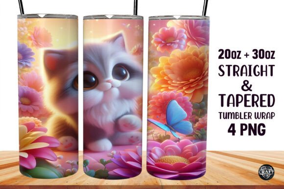 3D Cat and Flowers Tumbler Wrap