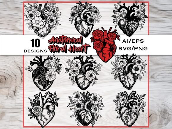Floral Anatomical Heart Vector Bundle Graphics for Crafts