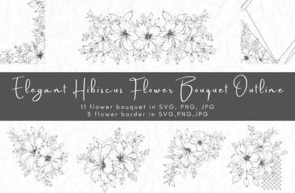 Hibiscus Flower Bouquet Outline Graphics for Crafts