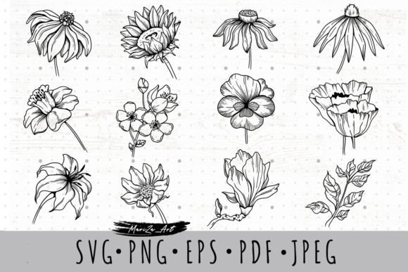Realistic Sketched Flowers SVG Clip Arts for Print Templates and Graphics