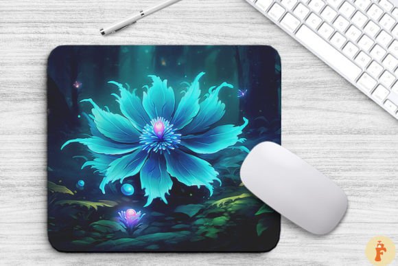 Whimsical Alien Cyan Flower Mouse Pad Graphics